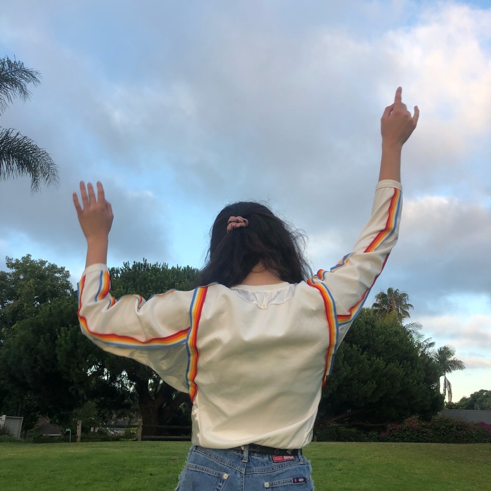 rainbow striped white sweater vintage and unique